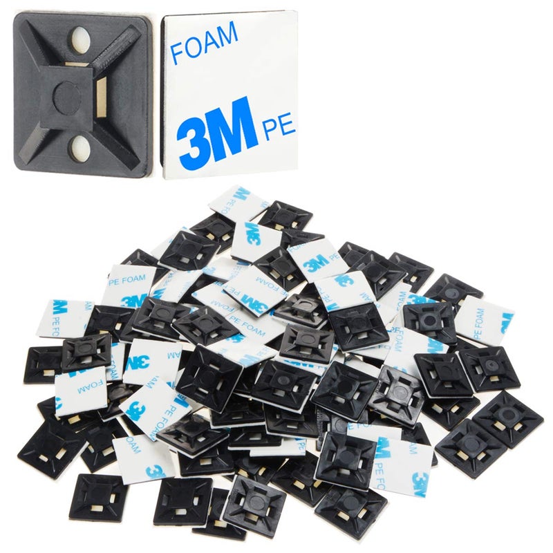 XHF 100 PCS 3/4" Black Self Adhesive Cable Zip Tie Mounts Wire Cable Clips Holders Management Anchors Organizer Holders Squares(HS-101S) - Image 1